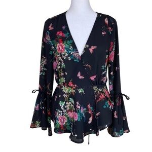 Timing Y2K Fairy Blouse Boho Black Floral Print Bell Sleeve Peplum Hem Surplice